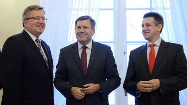 Nowy prezes PSL Janusz Piechociński i rzecznik partii Jan Bury w czasie spotkania z prezydentem Bronisławem Komorowskim