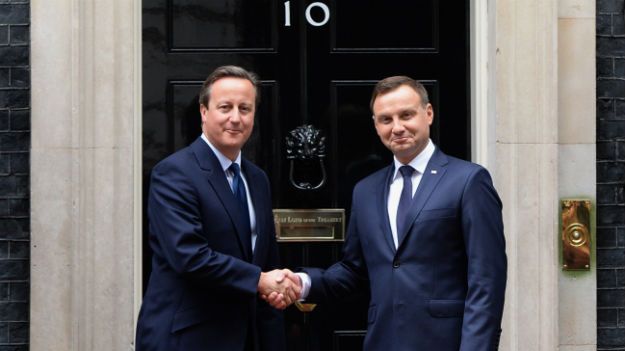 Polski prezydent Andrzej Duda i premier Wielkiej Brytanii David Cameron podczas spotkania w Londynie