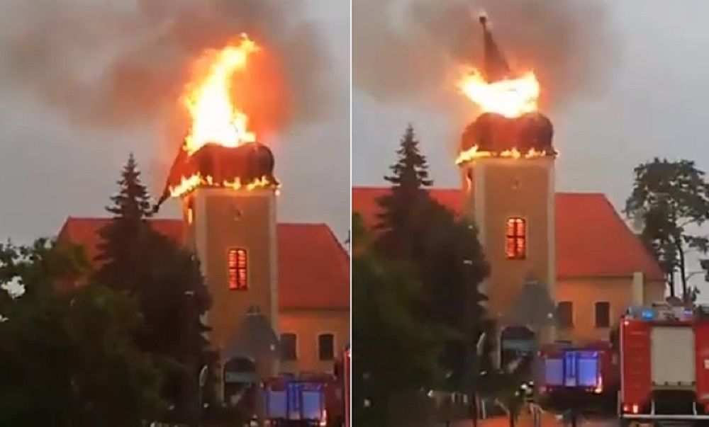 Fatalne skutki burzy. Pożar iglicy kościoła. Prawdopodobnie uderzył piorun