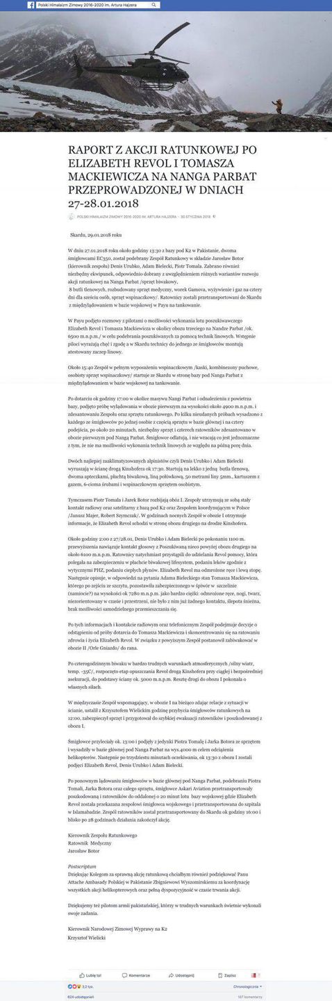 Oficjalny raport z akcji na Nanga Parbat. Dlaczego nie ratowano Tomasza Mackiewicza?