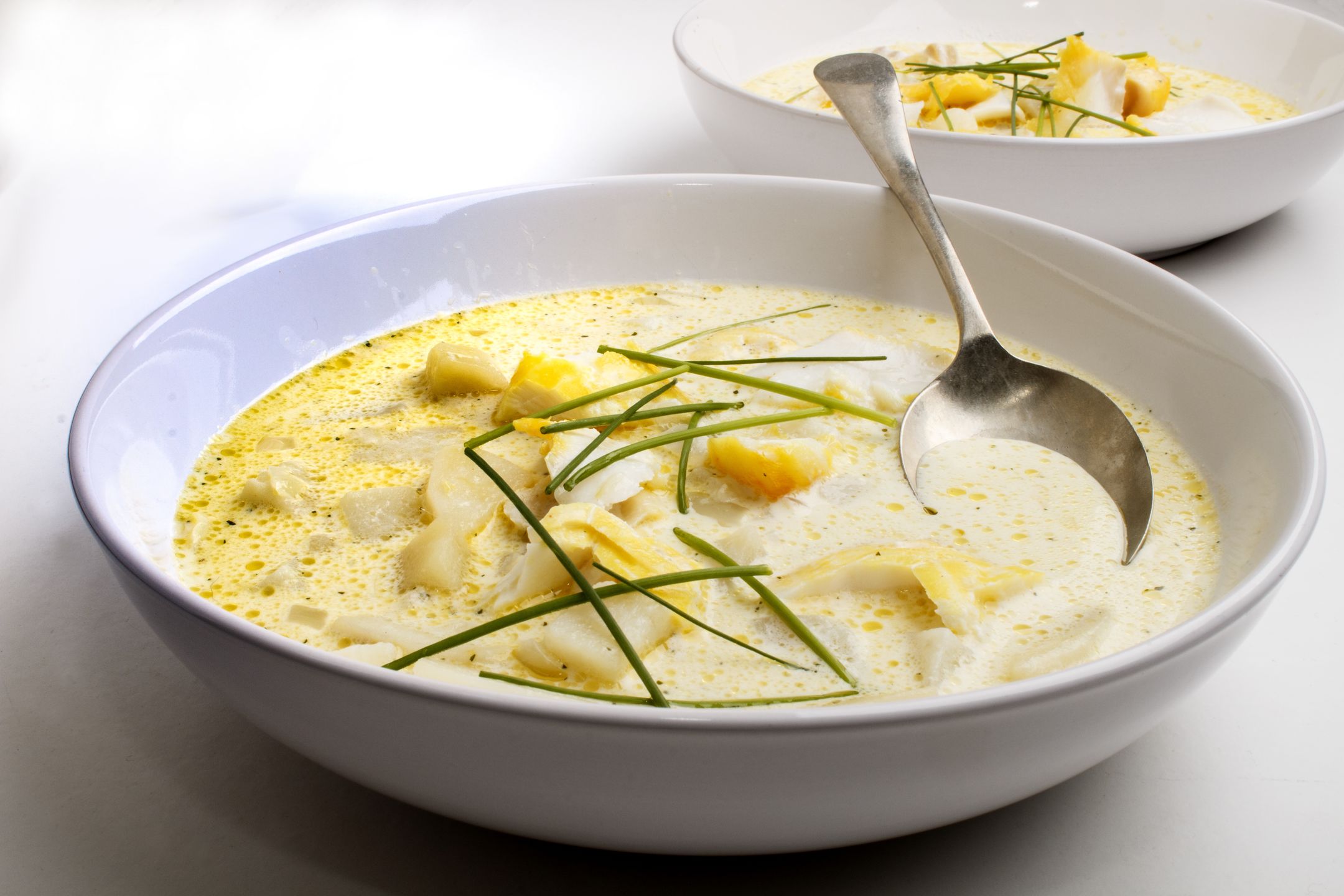 cullen skink, made with smoked fish and potato, a specialty from scotland in a deep plate 