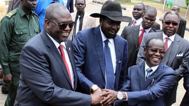 Prezydent Sudanu Południowego Salva Kiir i wiceprezydeni Riek Machar i James Wani Igga