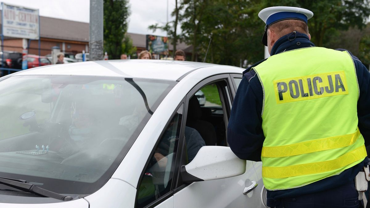 Fot. Adam Staskiewicz / East News. Piotrkow Trybunalski 15.09.2017.  Wspolnie z WORD , policja oraz dziecmi jednego z piotrkowskich przedszkoli zorganizowano akcje pt. Cytryna za kare, jablko w nagrode. Kierowcy ktorzy zostali zatrzymani za przekroczenie predkosci w obszarze zabudowanym nie dostawali mandatu, ale za kare musili zjesc cwiartke kwasnej cytryny, natomiast kierujacy poruszajacy sie z prawidlowa predkoscia otrzymywali od przedszkolakow slodkie jablko w nagrode N/Z patrol policji zatrzymuje pojazd za przekroczenie dozwolonej predkosci