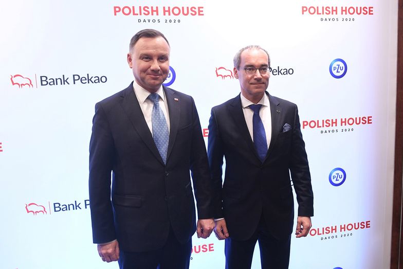 Davos 2020. Prezydent Rzeczypospolitej Polskiej Andrzej Duda oraz Marek Lusztyn, prezes Pekao