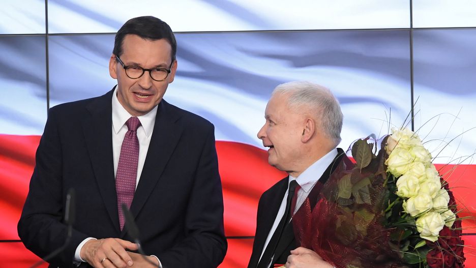 Wyniki wyborów 2019. Premier Mateusz Morawiecki i prezes PiS Jarosław Kaczyński