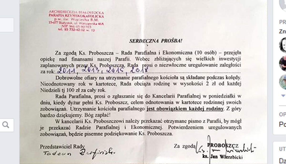 Wezwanie z parafii: 400 zł do zapłaty. Archidiecezja Białostocka wyjaśnia sprawę pisma