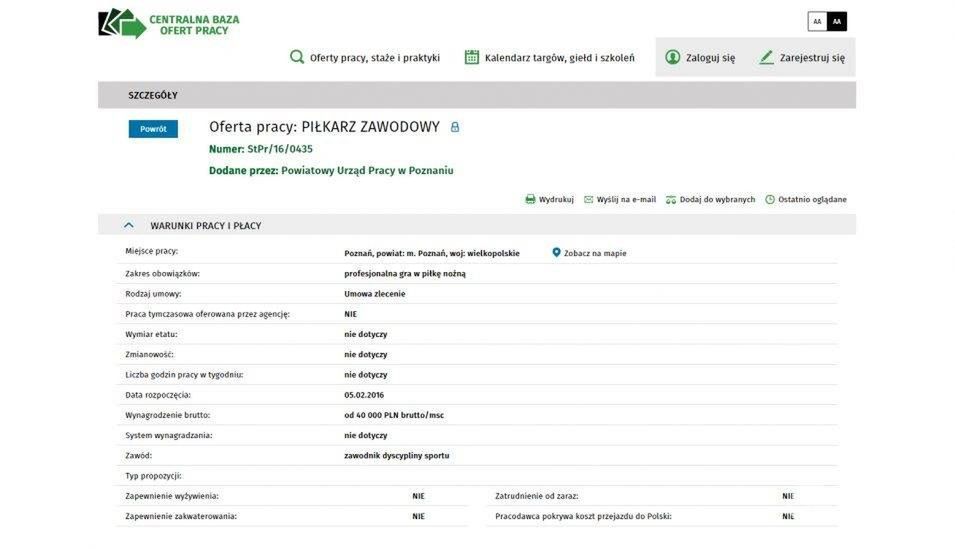 Lech Poznań poszukuje piłkarza przed Urząd Pracy fot. oferty.praca.gov.pl