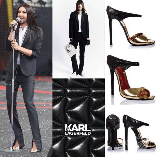 Conchita Wurst na próbie przed Sabatem Czarownic 2015 - garnitur Karl Lagerfeld, szpilki Maison Ernest