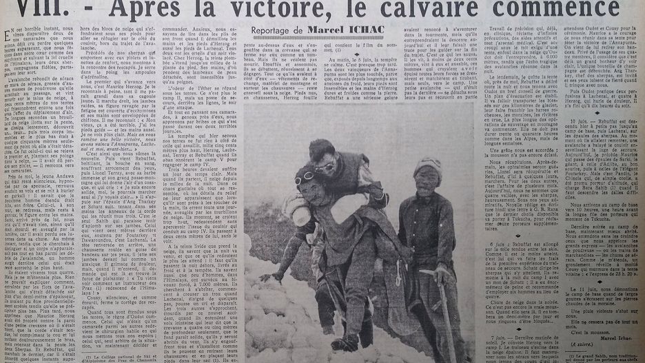 ”Le Figaro” z 12-13 sierpnia 1950 roku z tekstem Marcela Ichaca o zdobyciu Annapurny. Odcinek ósmy: Po zdobyciu droga krzyżowa.