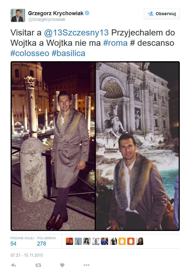 Grzegorz Krychowiak w płaszczu z kołnierzem z futra (fot. Twitter)