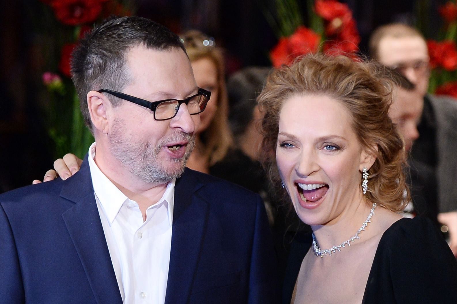 Lars von Trier i Uma Thurman podczas promocji "Nimfomanki" na festiwalu w Berlinie w 2014 roku 