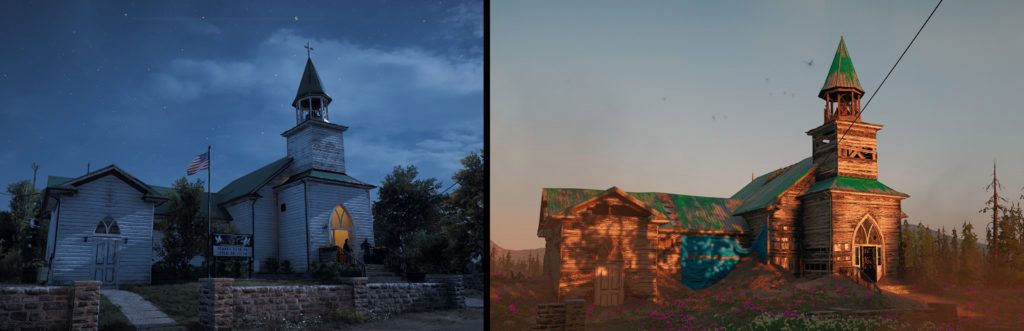 Po lewej kościół z Far Cry 5 a po prawej ten sam budynek 17 lat później 