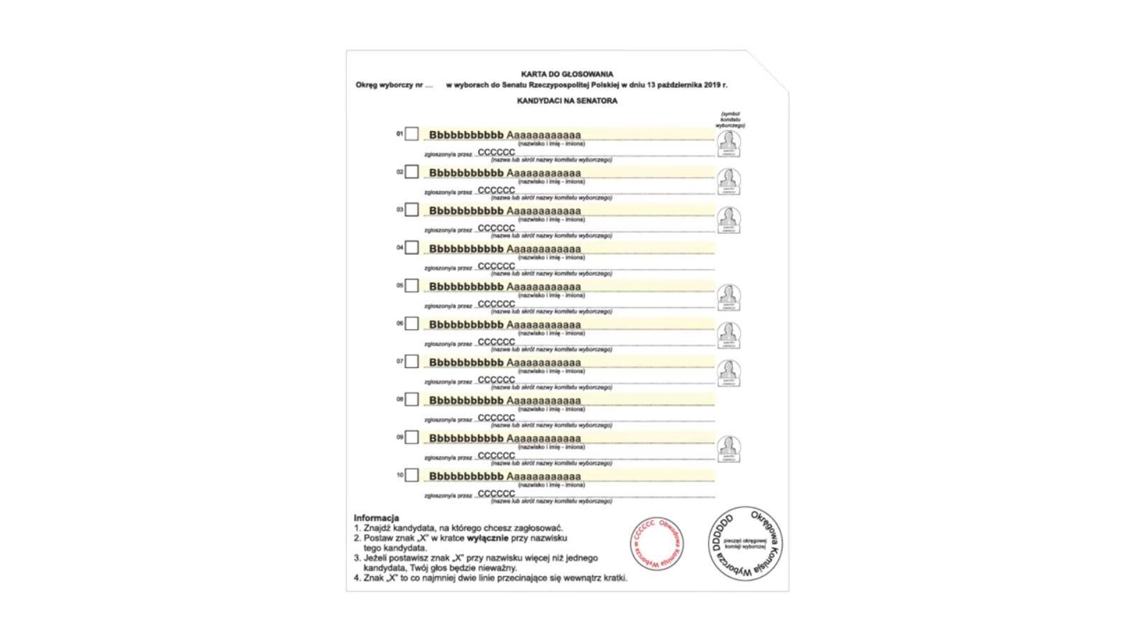 Grafika przedstawiająca kartę do głosowania podczas wyborów do Senatu 