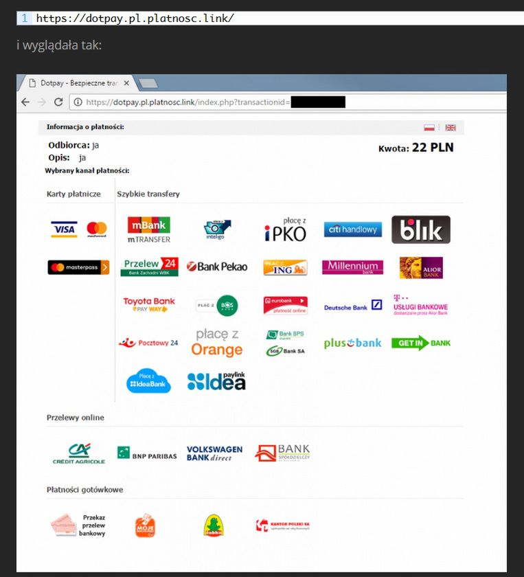Podrobiona przez oszustów strona DotPay 