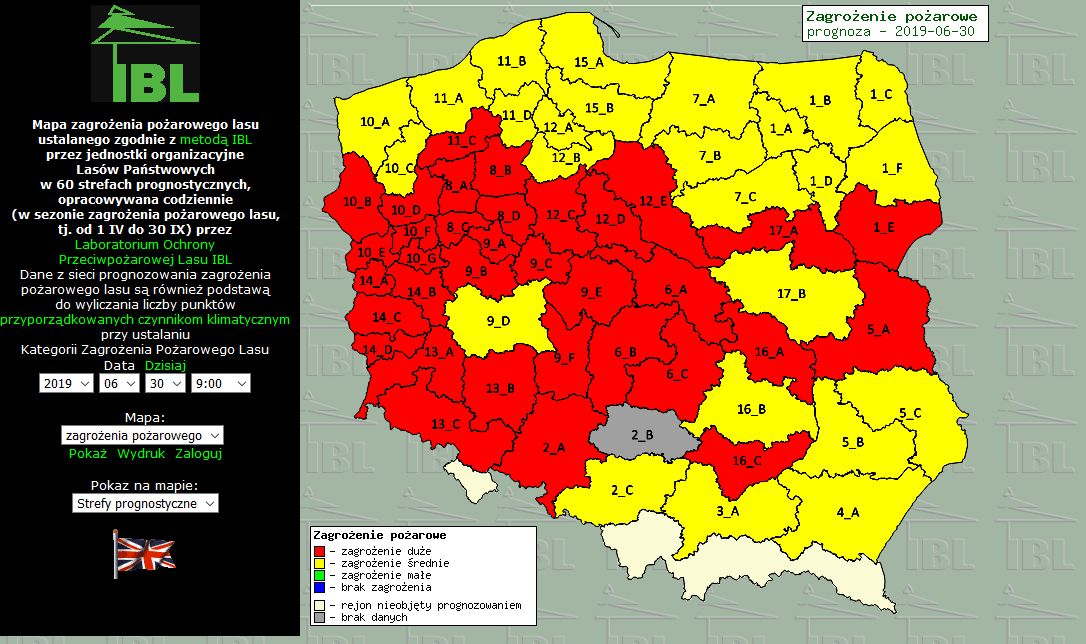 Mapa zagrożenia pożarowego przygotowana przez Instytut Badawczy Leśnictwa 