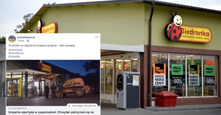 Koparka wjechała w sklep. Łyżka utknęła przy bankomacie