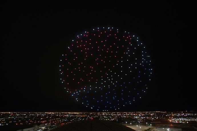 Intel Shooting Star drones light up the sky in the Pepsi logo following the Pepsi Zero Sugar Super Bowl LI Halftime Show. (Credit: Intel Corporation) 