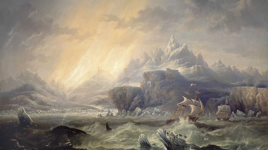Erebus i Terror w Antarktyce, obraz Johna Wilsona Carmichaela z 1847 r.