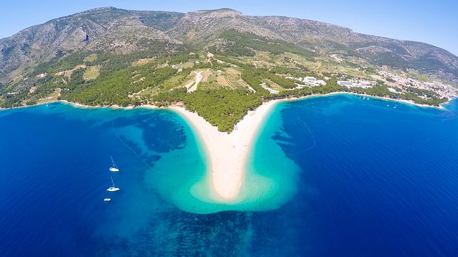 Aerial view of Zlatni Rat beach close to the town of Bol on the island of Brac, Croatia. 