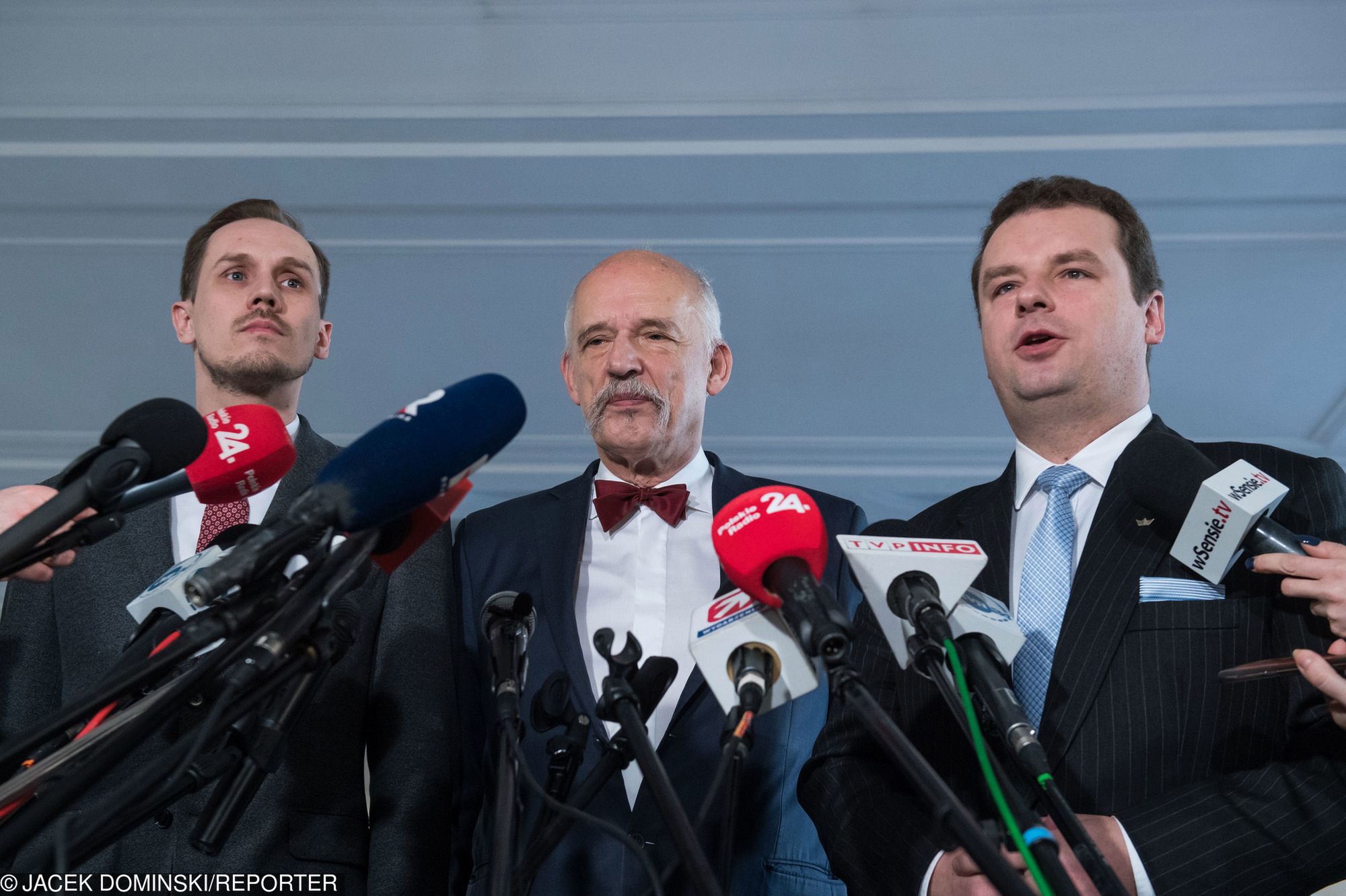 Członkowie Konfederacji. Na zdjęciu (od lewej): Konrad Berkowicz, Janusz Korwin-Mikke oraz Jacek Wilk 