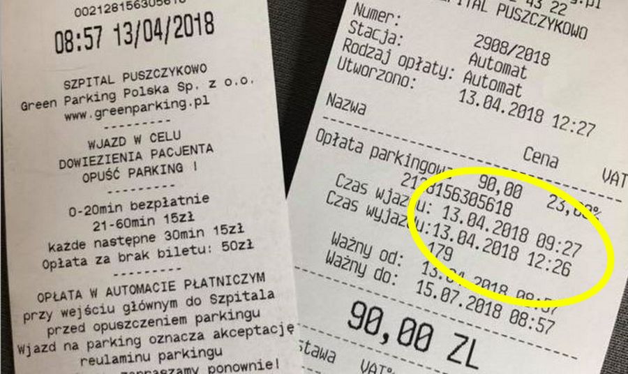 Kwoty na paragonach z przyszpitalnego parkingu mogą zszokować