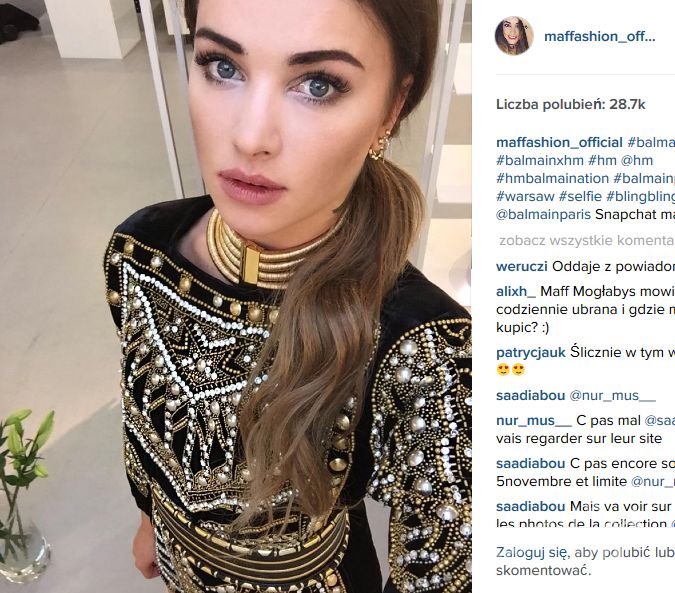 Maffashion w tunice (1399 zł) i kolii (279 zł) z kolekcji Balmain x H&M (fot. Instagram)