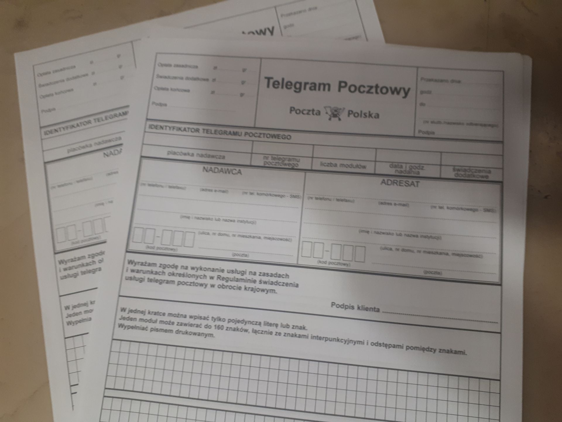 blankiet telegramu pocztowego 