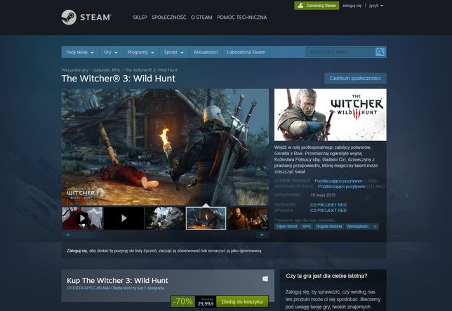 Promocja na Wiedźmina 3 w sklepie Steam 