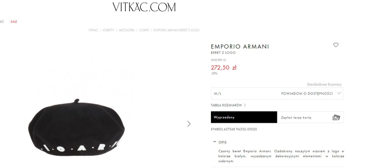 Beret Emporio Armani w promocyjnej cenie za 272,50 zł. Źródło: vitkac.com