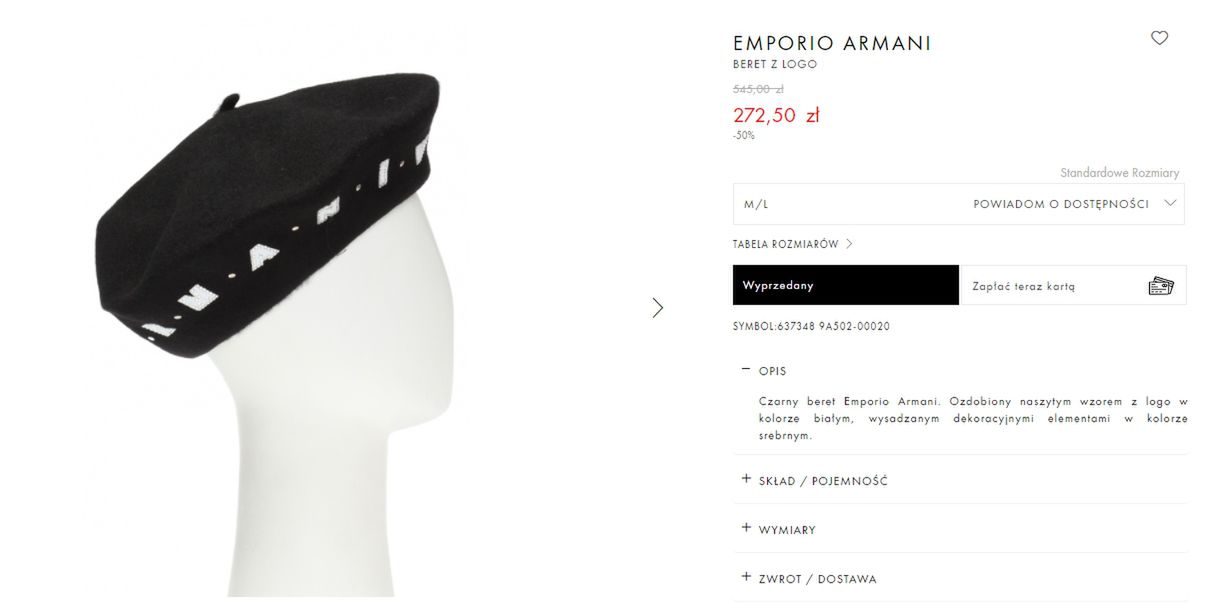 Beret Emporio Armani w promocyjnej cenie za 272,50 zł. Źródło: vitkac.com