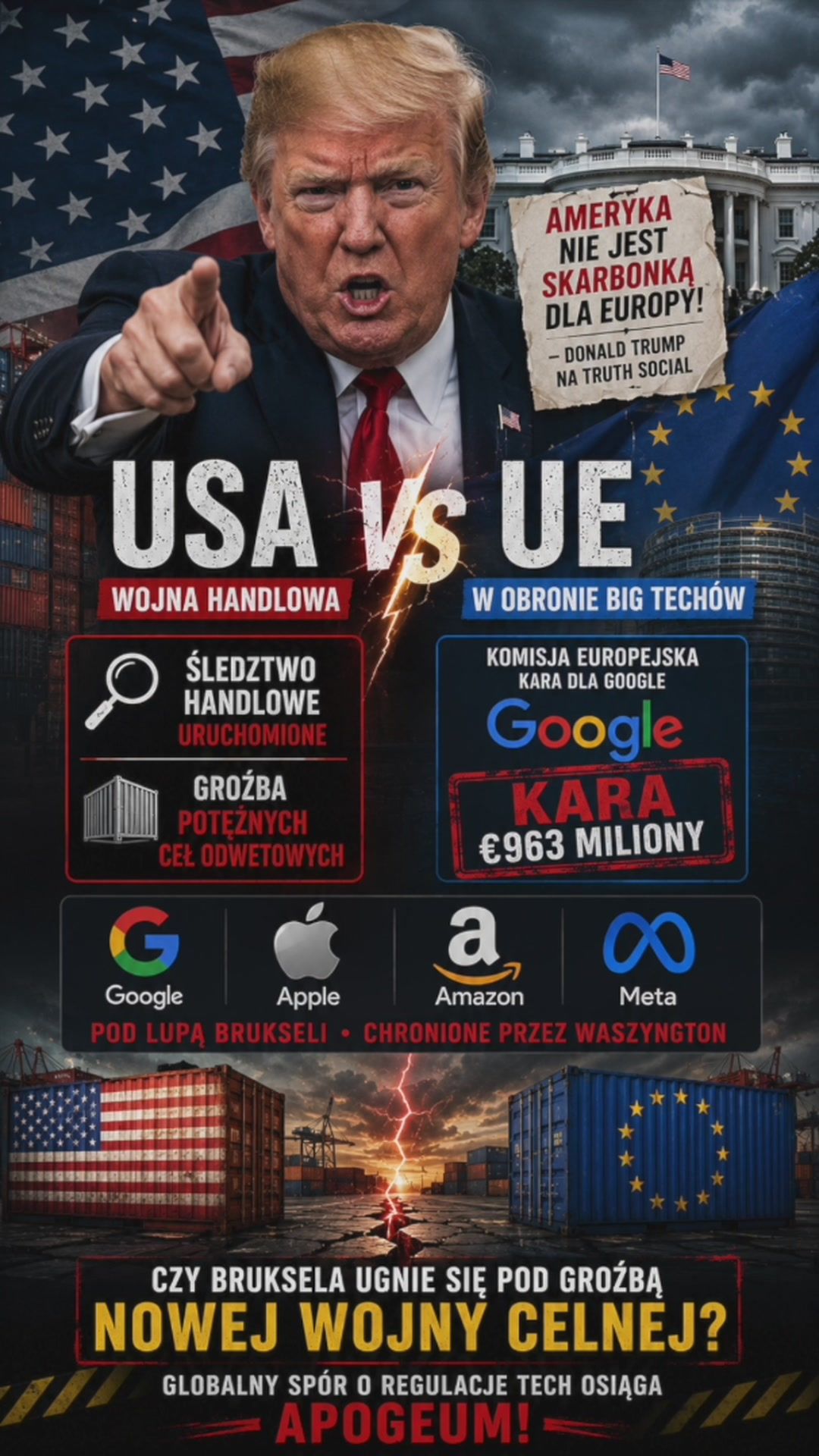 Trump chce sprawdzić, dlaczego UE nakłada kary na amerykańskie firmy technologiczne