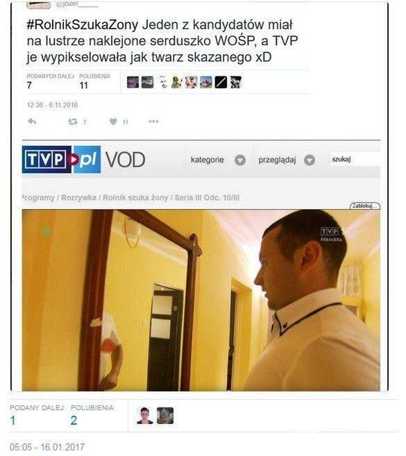 TVP zamazało serduszko WOŚP w programie "Rolnik szuka żony"