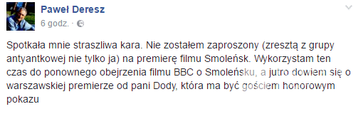 Paweł Deresz nie zaproszony na premierę filmu Smoleńsk