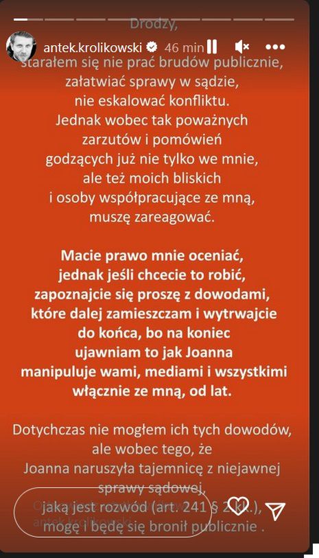 Oświadczenie Antoniego Królikowskiego w sprawie alimentów
