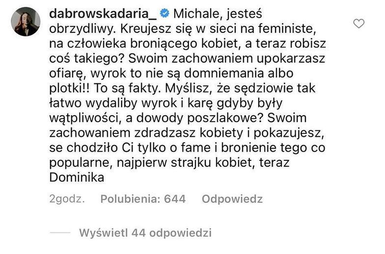 Daria Dąbrowska komentuje słowa Michała Piróga