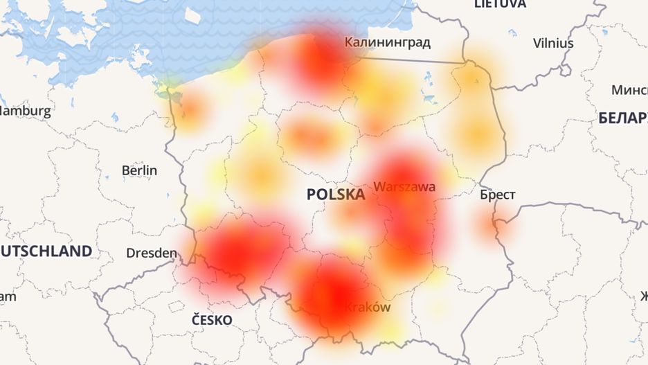 Mapa przerw w usługach dostarczanych przez Vectrę