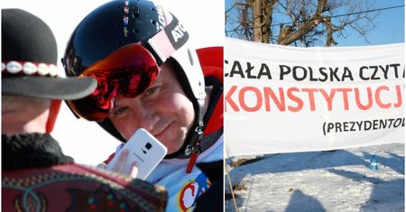 Prezydent szusował na nartach i dziękował Marii Kaczyńskiej, a KOD popsuł mu humor