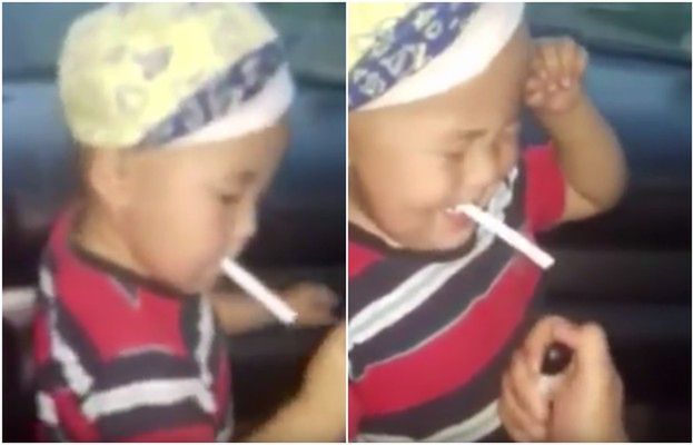 Szokujące nagranie! Matka uczy 2-letniego syna... palenia papierosów