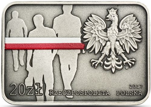 Srebrna moneta kolekcjonerska upamiętniająca 35. rocznicę zrywu antykomunistycznego w Lubinie.