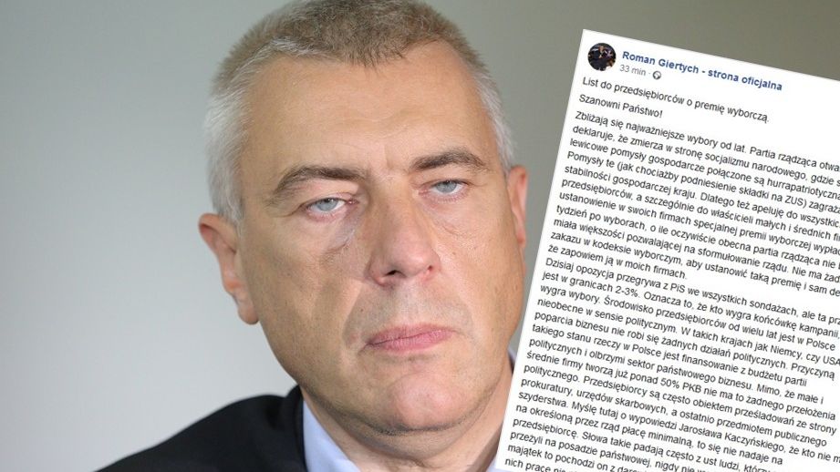 Roman Giertych zapowiedział, że w swoich firmach zobowiąże się do zapłaty premii wyborczej dla swoich współpracowników, czy pracowników,