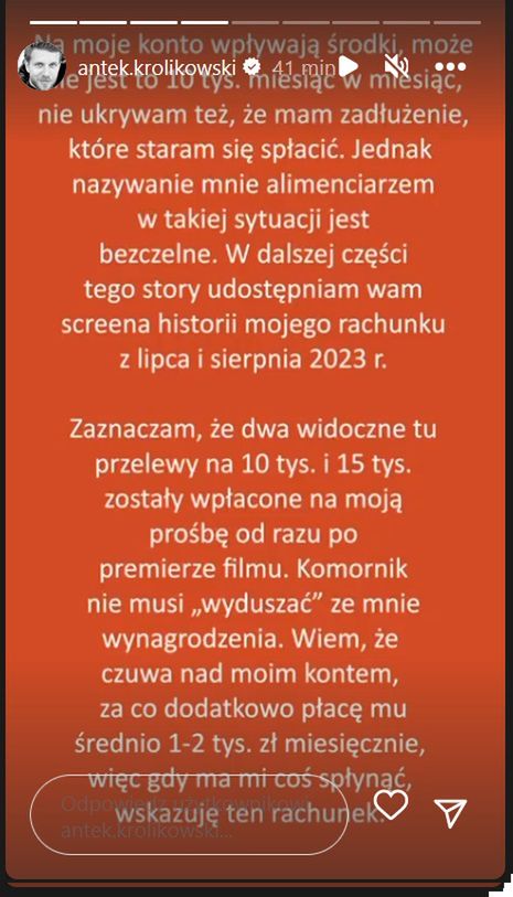 Oświadczenie Antoniego Królikowskiego w sprawie alimentów