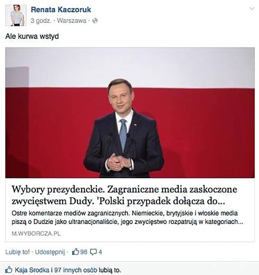 Renata Kaczoruk oburzona wynikami wyborów, fot. FACEBOOK