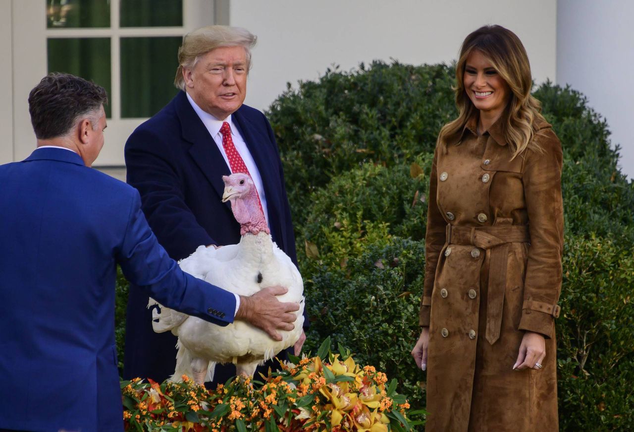 United States President Donald J. Trump pardons the National Thanksgiving Turkey in the Rose Garden of the White House in Washington, DC on Tuesday, November 26, 2019.  First lady Melania Trump looks on at right.
CAP/MPI/RS
©RS/MPI/Capital Pictures