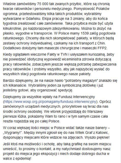 Screen z najnowszego wpisy Jurka Owsiaka 