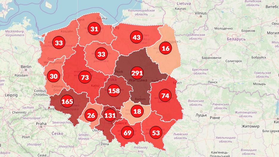 Mapa koronawirusa pokazuje aktualny stan epidemii w Polsce
