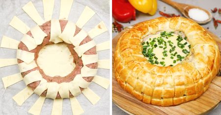 Babka z kruchym ciastem, jajkami i mięsem mielonym podana z gorącym serem