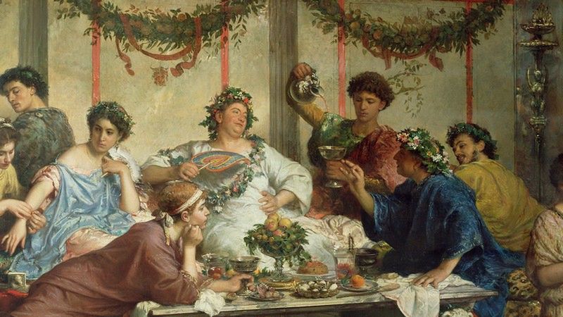 Nie tyle za udział w takiej uczcie, co za samo napicie się wina, Rzymianin miał prawo rozwieść się z żoną. Czasem jednak wolał wymierzyć karę… Na ilustracji obraz Roberta Bompiani 