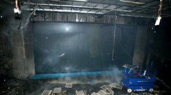 Maleńki rekin widoczny przez okopconą szybę w spalonym oceanarium