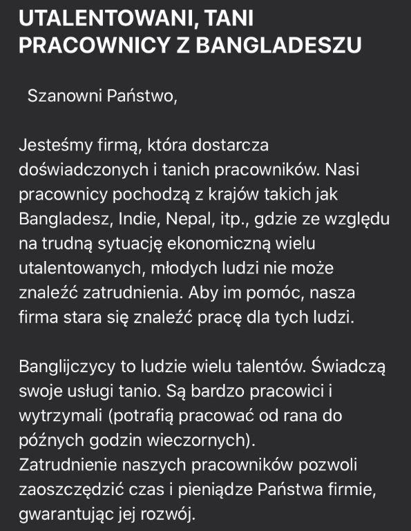 Tego maila wysłała firma Fakir International, która ma biura w Dhace – stolicy Bangladeszu, Londynie oraz w Krakowie. 