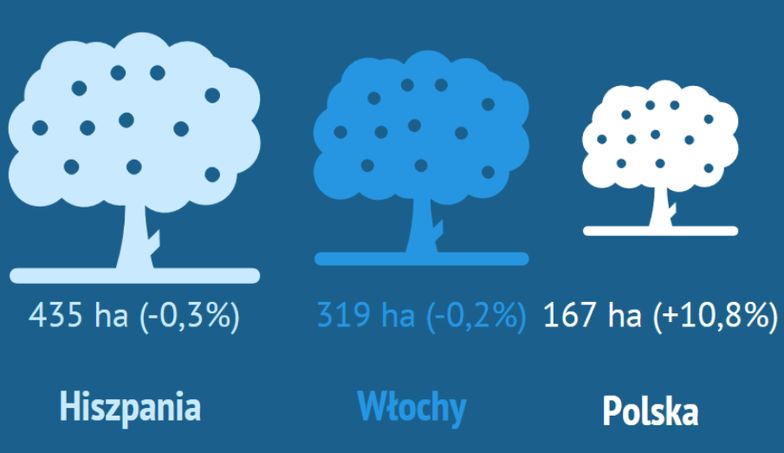 Coraz większy obszar Polski zajmują sady.